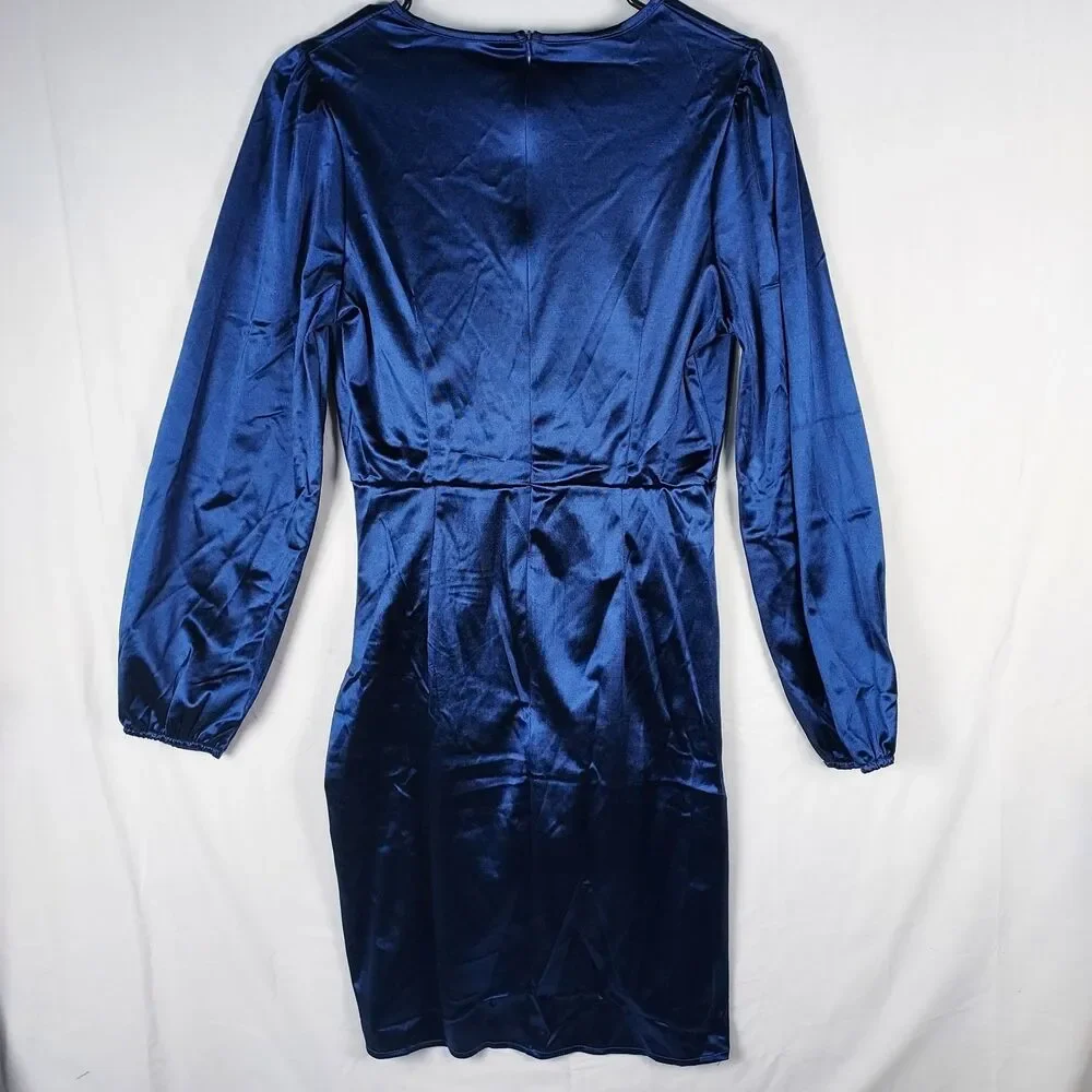 Yajedo Satin V-Neck Dress Size Medium Blue Party/Cocktail Long Sleeve New - Picture 2 of 7